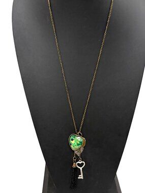 Tutti Frutti Necklace Heart Peacock Pendant Key Tassel Boho Brass 26 inches